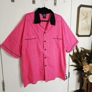 Vintage Bowling Shirt 3XL XXXL Pink Black Short Sleeve Mens Button Up Shirt